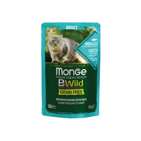 Monge Bwild Cat Bustine Bocconcini Maltagliati in Salsa Merluzzo con Gamberetti e Ortaggi