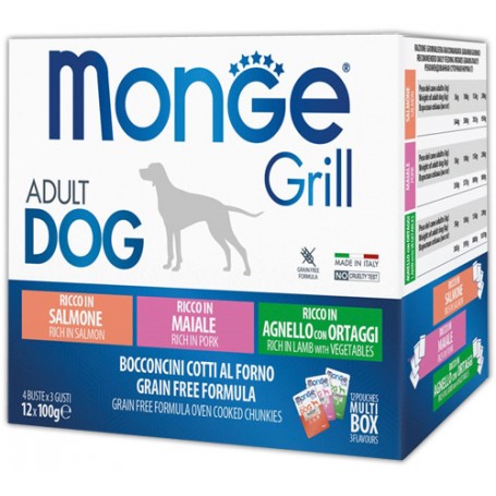Monge Grill Dog Multipack Agnello con Ortaggi Maiale e Salmone 12pz